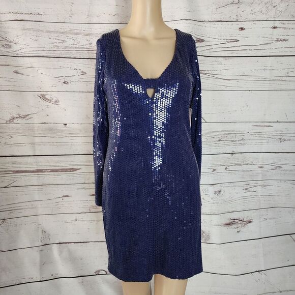 Aqua Navy Blue Long Sleeve Sequined Dress Small NWT - Picture 2 of 4